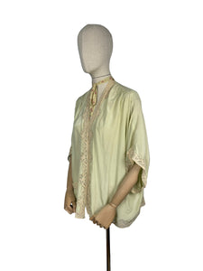 Original 1920's 1930's Bourne and Hollingsworth Pale Green Pure Silk Bed Jacket With Tambour Lace Detail and Ribbon Tie - Bust 34" 36" 38" 40"