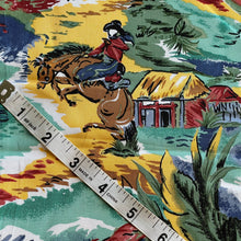 Load image into Gallery viewer, Cowboy Tropical Print Fabric with Horse, Boots and Cabin - 100% Cotton Dressmaking Fabric - 57&quot; x 110&quot;
