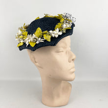 Load image into Gallery viewer, Original 1950’s Lacquered Raffia Hat with Flower Trim and Net in Navy, White and Yellow
