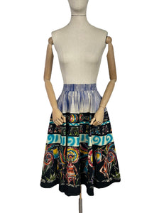 Original 1950's Cotton Cara Hendrix Painted Mexican Skirt in Vibrant Aztec Warriors Print - Waist 31 32 33 *
