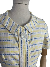 Load image into Gallery viewer, Original 1950&#39;s Thick Cotton Zip Front Dress in White, Yellow and Blue Stripe - Bust 36
