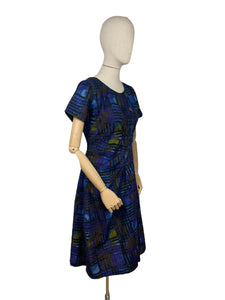 Original 1960’s Cotton Day Dress in Blue with Abstract Print - Bust 36 38