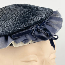 Load image into Gallery viewer, Original 1940’s Navy Blue Straw Topper Hat with White and Blue Ruffle Trim
