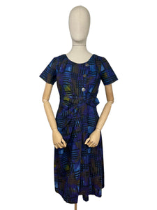 Original 1960’s Cotton Day Dress in Blue with Abstract Print - Bust 36 38