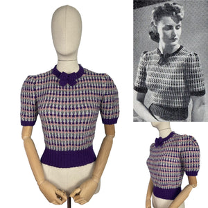 Reproduction 1940's Waffle Stripe Jumper in Purple, Pink and Grey Knitted from a Wartime Pattern - Bust 36 38 40