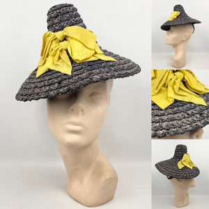 Original 1930’s 1940’s Navy Blue Conical Straw Hat with Large Double Bow Ribbon Trim in Chartreuse