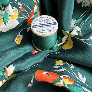 Original 1930's Emerald Green Pure Silk Fabric with Autumnal Floral Print - Dress Length