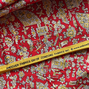 100% Cotton Dressmaking Fabric in Red, Cream and Yellow Japanese Print with Geisha, Storks, Butterflies and Temples - 40" x 180"