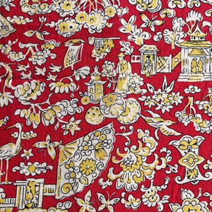 100% Cotton Dressmaking Fabric in Red, Cream and Yellow Japanese Print with Geisha, Storks, Butterflies and Temples - 40" x 180"