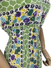 Load image into Gallery viewer, Original 1940&#39;s Green, Purple, Yellow and Blue Cotton Day Dress with Ric-rac Trim - Bust 38
