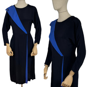 Original 1980's does 1940's Black and Blue Crepe Colour Block Dress - Bust 34 36 *