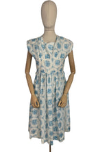 Load image into Gallery viewer, Original 1950&#39;s White and Blue Nylon Day Dress with Pretty Roses Print - Bust 34 36
