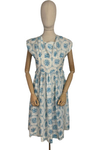 Original 1950's White and Blue Nylon Day Dress with Pretty Roses Print - Bust 34 36