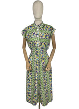 Load image into Gallery viewer, Original 1940&#39;s Green, Purple, Yellow and Blue Cotton Day Dress with Ric-rac Trim - Bust 38
