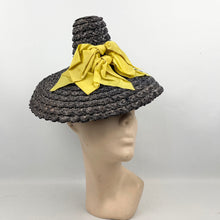 Load image into Gallery viewer, Original 1930’s 1940’s Navy Blue Conical Straw Hat with Large Double Bow Ribbon Trim in Chartreuse
