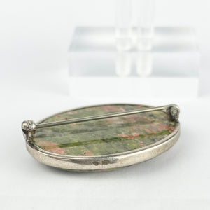 Vintage Sterling Silver Green and Pink Moss Agate Brooch