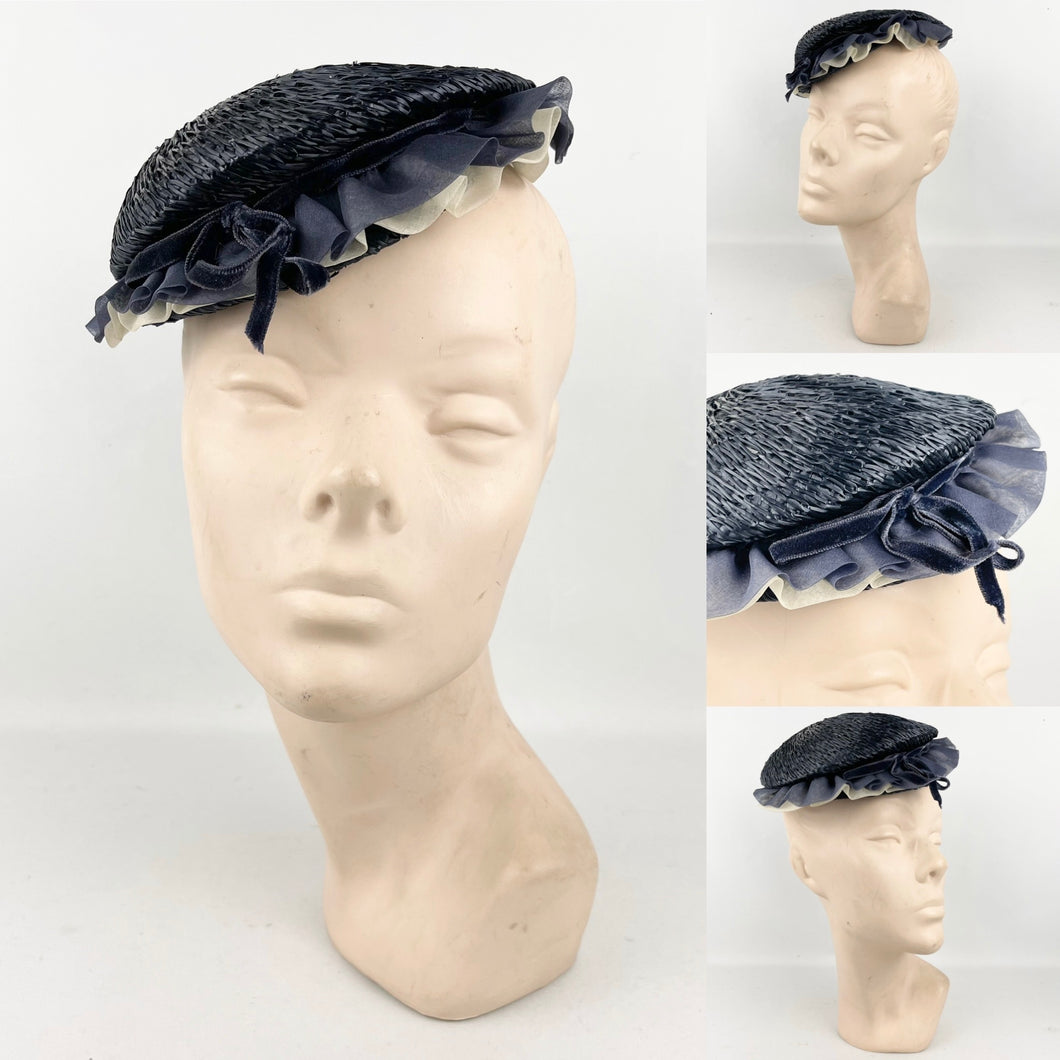 Original 1940’s Navy Blue Straw Topper Hat with White and Blue Ruffle Trim