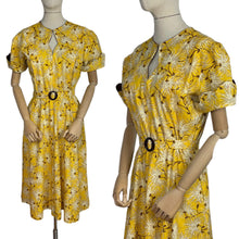 Load image into Gallery viewer, Reproduction 1940&#39;s Belted Day Dress in Yellow, Brown and White Floral Print - Bust 38 40

