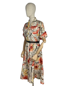 Original Late 1940's or Early 1950's CC41 Belted Zip Fronted Bold Floral Dress in Taffeta - Bust 36 38