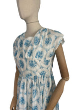 Load image into Gallery viewer, Original 1950&#39;s White and Blue Nylon Day Dress with Pretty Roses Print - Bust 34 36
