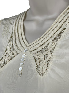 Original 1930’s Natural Silk Blouse with Belt, Mother of Pearl Buttons and Faggoting - Bust 30" 32"