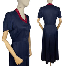 Load image into Gallery viewer, Original 1940&#39;s Classic Navy Blue Day Dress with Button Front and Red Velvet Trim - Bust 35 36 *
