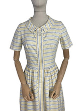 Load image into Gallery viewer, Original 1950&#39;s Thick Cotton Zip Front Dress in White, Yellow and Blue Stripe - Bust 36
