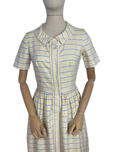 Original 1950's Thick Cotton Zip Front Dress in White, Yellow and Blue Stripe - Bust 36