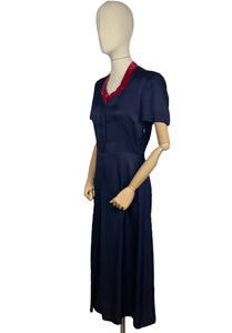 Original 1940's Classic Navy Blue Day Dress with Button Front and Red Velvet Trim - Bust 35 36 *