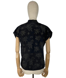 Original 1950’s Black Artificial Silk Blouse with Silver and Gold Glitter Floral Print and Glass Buttons - Bust 36 *