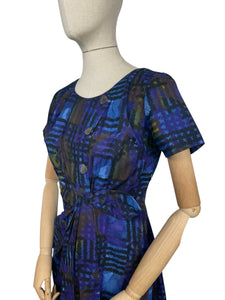 Original 1960’s Cotton Day Dress in Blue with Abstract Print - Bust 36 38