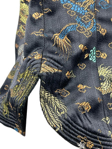Vintage Inky Black Satin Blouse with Silk Embroidered Chinese Dragons and Phoenixes - Bust 32 34