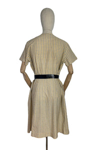 Original Late 1950's or Early 1960's Smartsette Lightweight Cotton Day Dress in Yellow, Black and White Check - Bust 42