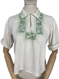 Original 1930's Hand Embroidered Muslin Blouse - Stunning Green Leaf Embroidery - Bust 34 36