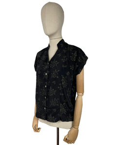 Original 1950’s Black Artificial Silk Blouse with Silver and Gold Glitter Floral Print and Glass Buttons - Bust 36 *