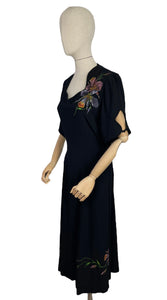 Utterly Incredible True Volup Original 1930's 1940's Satin Backed Crepe Dress with Hand Painted Floral Design - Bust 44 46