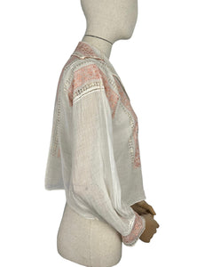 Original 1920's 1930's Hand Embroidered Muslin Blouse - Stunning Apricot Silk Geometric Embroidery - Bust 36 38 *