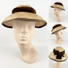Load image into Gallery viewer, Original 1950&#39;s Natural Straw Hat with Dark Chocolate Brown Velvet Ribbon and Bow Trim - AS IS *
