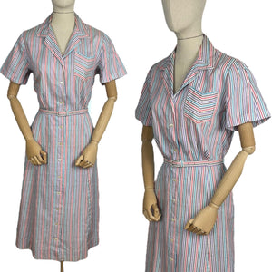 Original Late 1940's White Stripe Summer Dress in Purple, Pink, Turquoise and Black - Bust 40 42