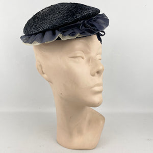 Original 1940’s Navy Blue Straw Topper Hat with White and Blue Ruffle Trim