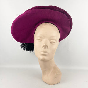 Original Huge 1940's Cerise Pink Seamed Fabric Hat with Black Tassel Trim