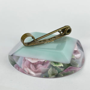 Original 1940's 1950's Reverse Carved Lucite Brooch with Pale Pink Double Roses set on Baby Blue Background *