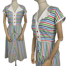 Load image into Gallery viewer, Original 1940&#39;s Lightweight Summer Dress in Stripes of Blue, Red and Green on White - Bust 38 40
