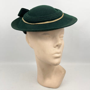 Original 1940’s Dark Green Felt Pancake Hat with Felt Bow Trim