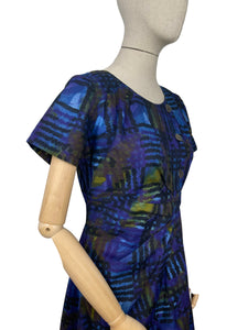 Original 1960’s Cotton Day Dress in Blue with Abstract Print - Bust 36 38