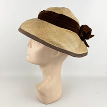 Load image into Gallery viewer, Original 1950&#39;s Natural Straw Hat with Dark Chocolate Brown Velvet Ribbon and Bow Trim - AS IS *
