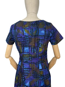 Original 1960’s Cotton Day Dress in Blue with Abstract Print - Bust 36 38