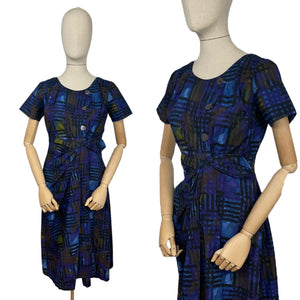 Original 1960’s Cotton Day Dress in Blue with Abstract Print - Bust 36 38