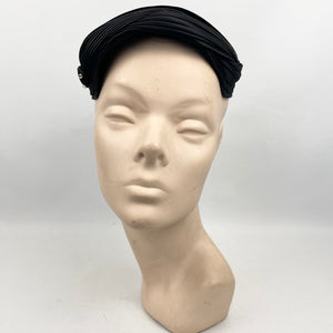Original 1950's Black Cotton Velvet Hat with Paste Button Trim - Classic Piece