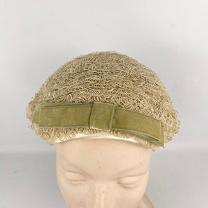 Original 1950’s Hat in Cream with Satin Edging and Soft Green Velvet Bow Trim *